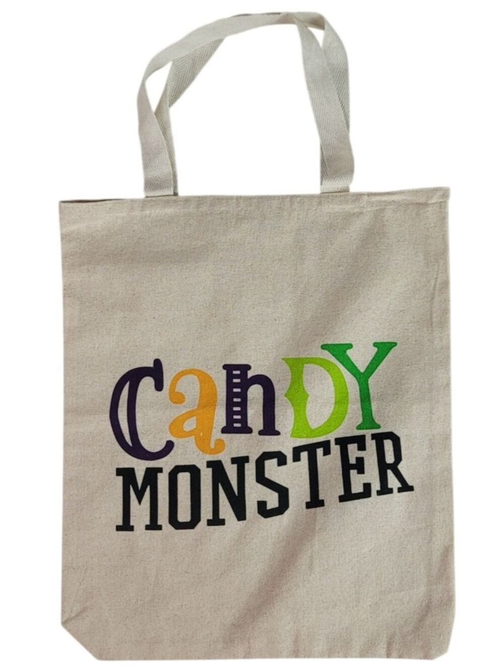 Halloween Canvas Tote Bag Candy Monster Handles Trick Or Treat 2-Sided 15.5"x13"